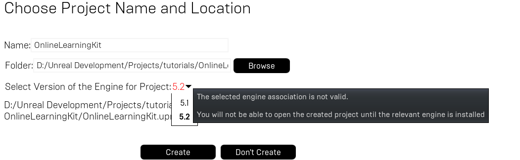 Unreal not allowing installation of the tutorial because it's for the 5.2 version with an error message